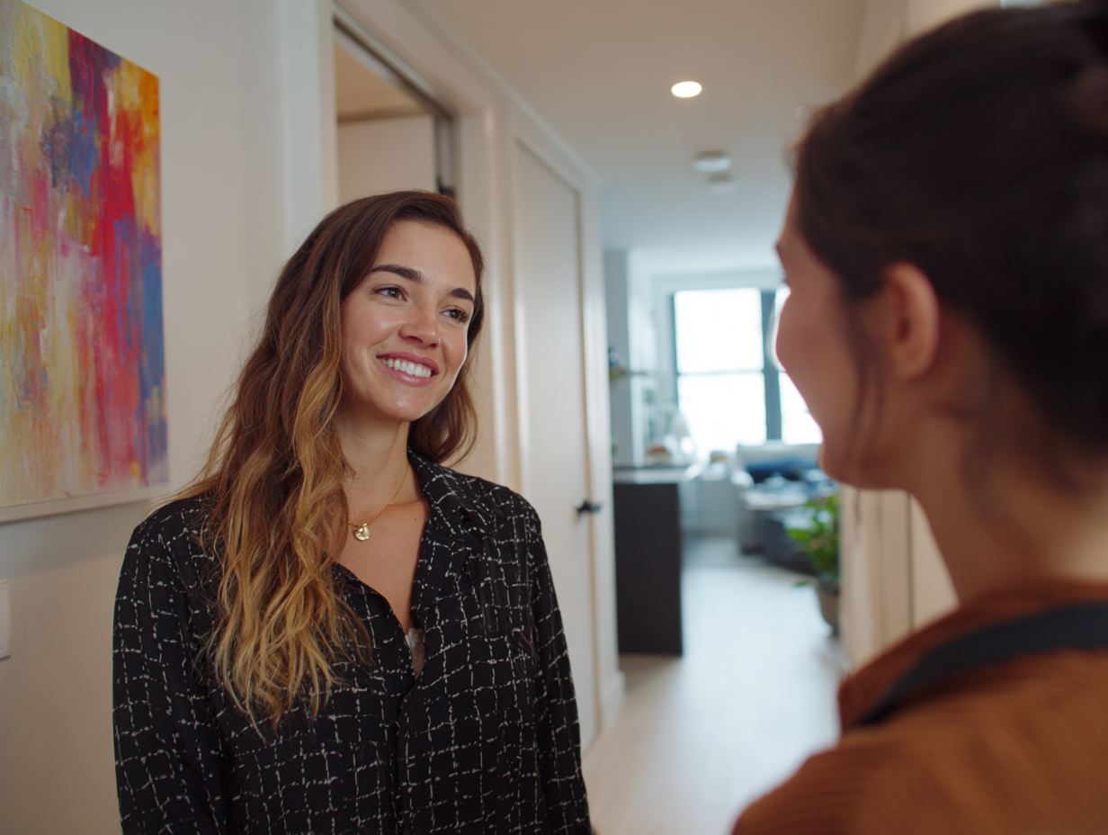 Homeowner greeting a soundproofing specialist inside a bright Brooklyn apartment.